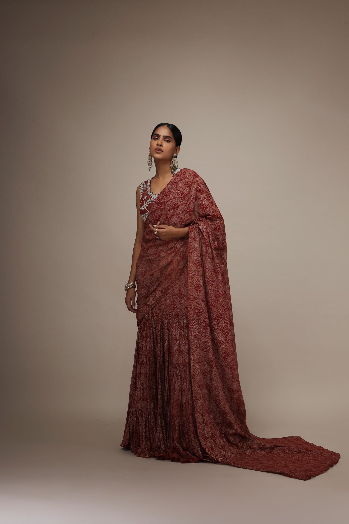 Red Chinar Pre-Stitched Saree Set