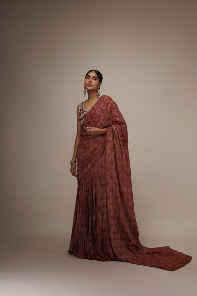 Red Chinar Pre-Stitched Saree Set