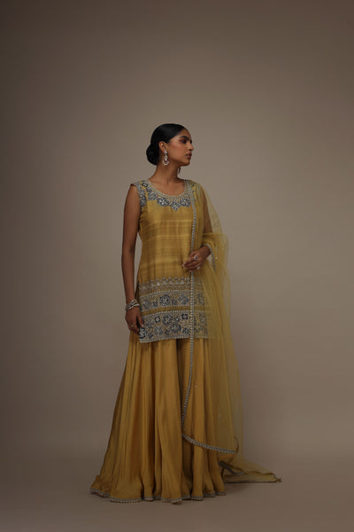 Mustard Gota Sitara Kurta Sharara Set