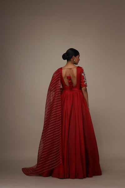 Red Organza Short Sleeve Embroidered Anarkali