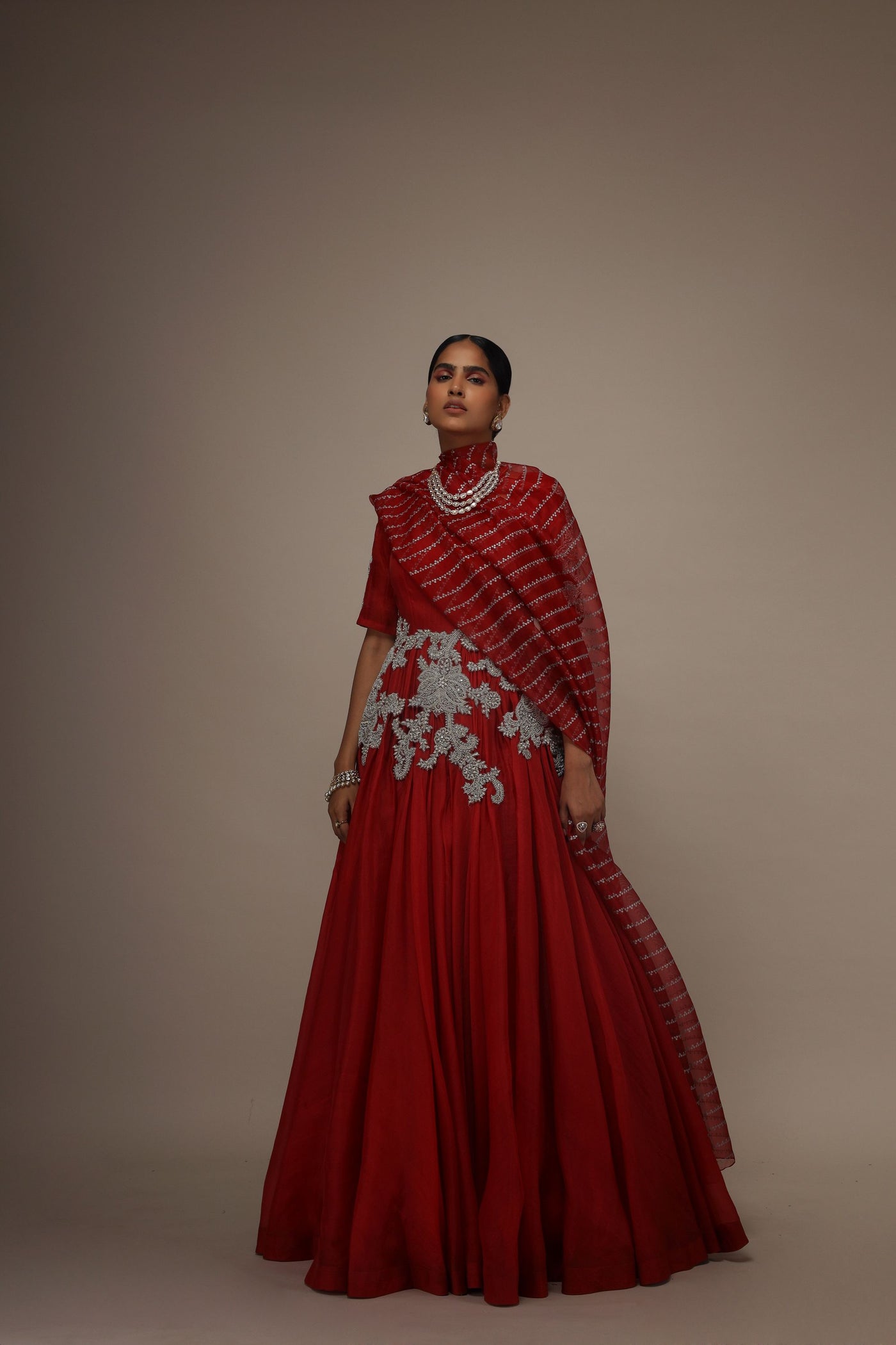 Red Organza Short Sleeve Embroidered Anarkali