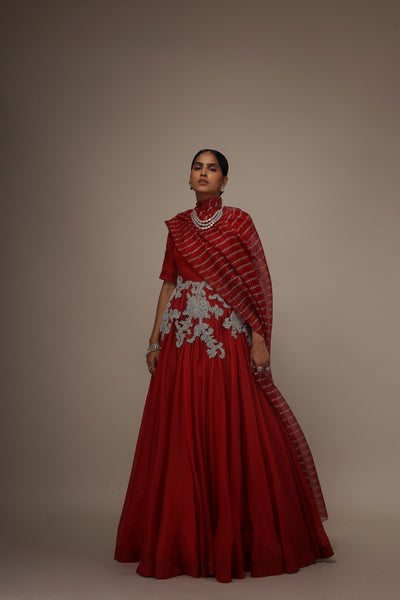 Red Organza Short Sleeve Embroidered Anarkali