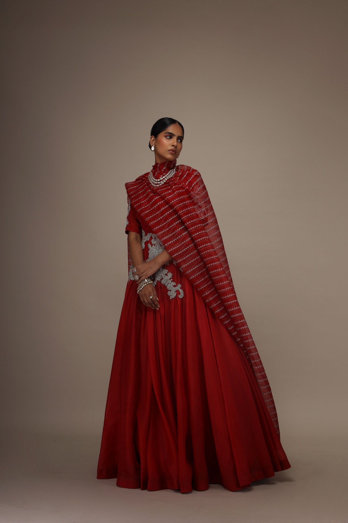 Red Organza Short Sleeve Embroidered Anarkali
