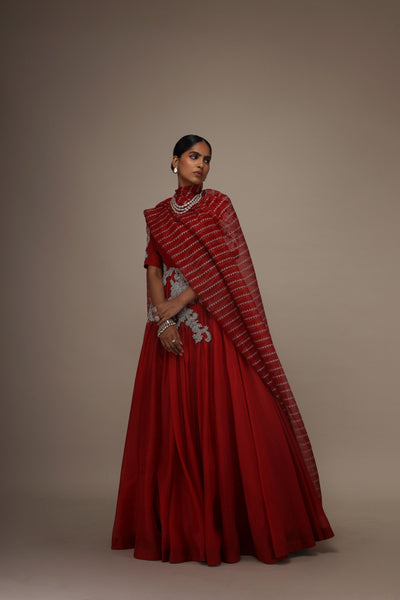 Red Organza Short Sleeve Embroidered Anarkali