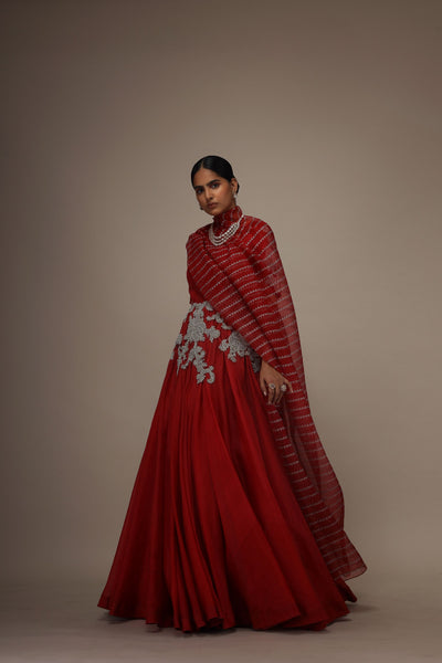 Red Organza Short Sleeve Embroidered Anarkali