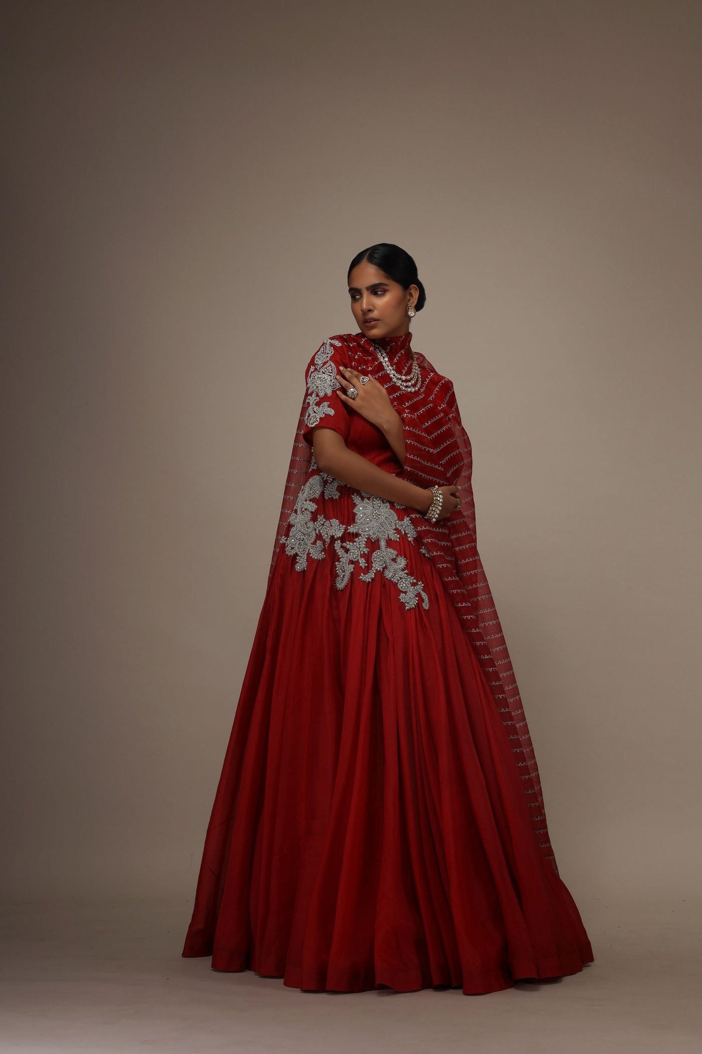 Red Organza Short Sleeve Embroidered Anarkali