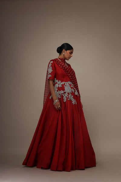 Red Organza Short Sleeve Embroidered Anarkali