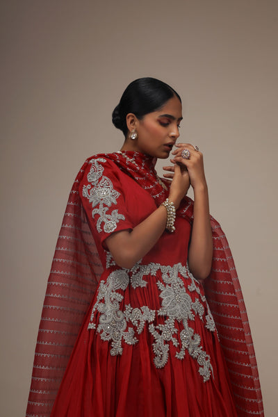 Red Organza Short Sleeve Embroidered Anarkali