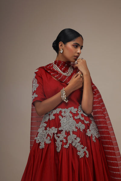 Red Organza Short Sleeve Embroidered Anarkali