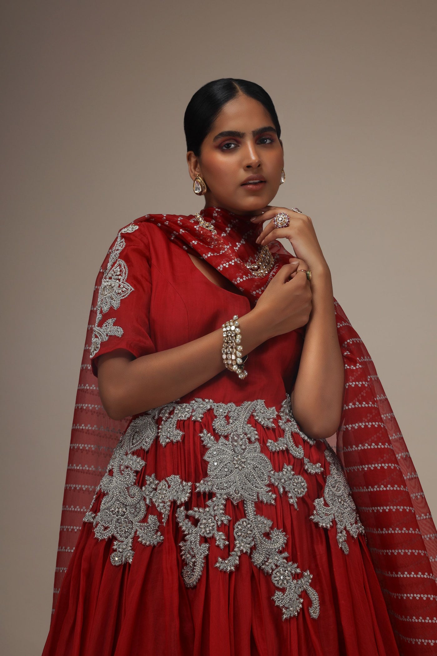 Red Organza Short Sleeve Embroidered Anarkali