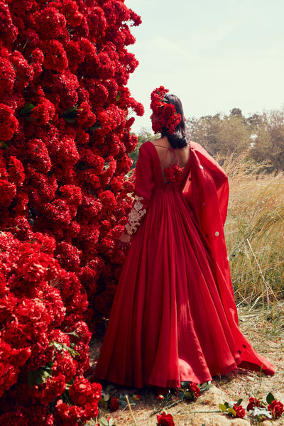 Red Organza Embroidered Anarkali