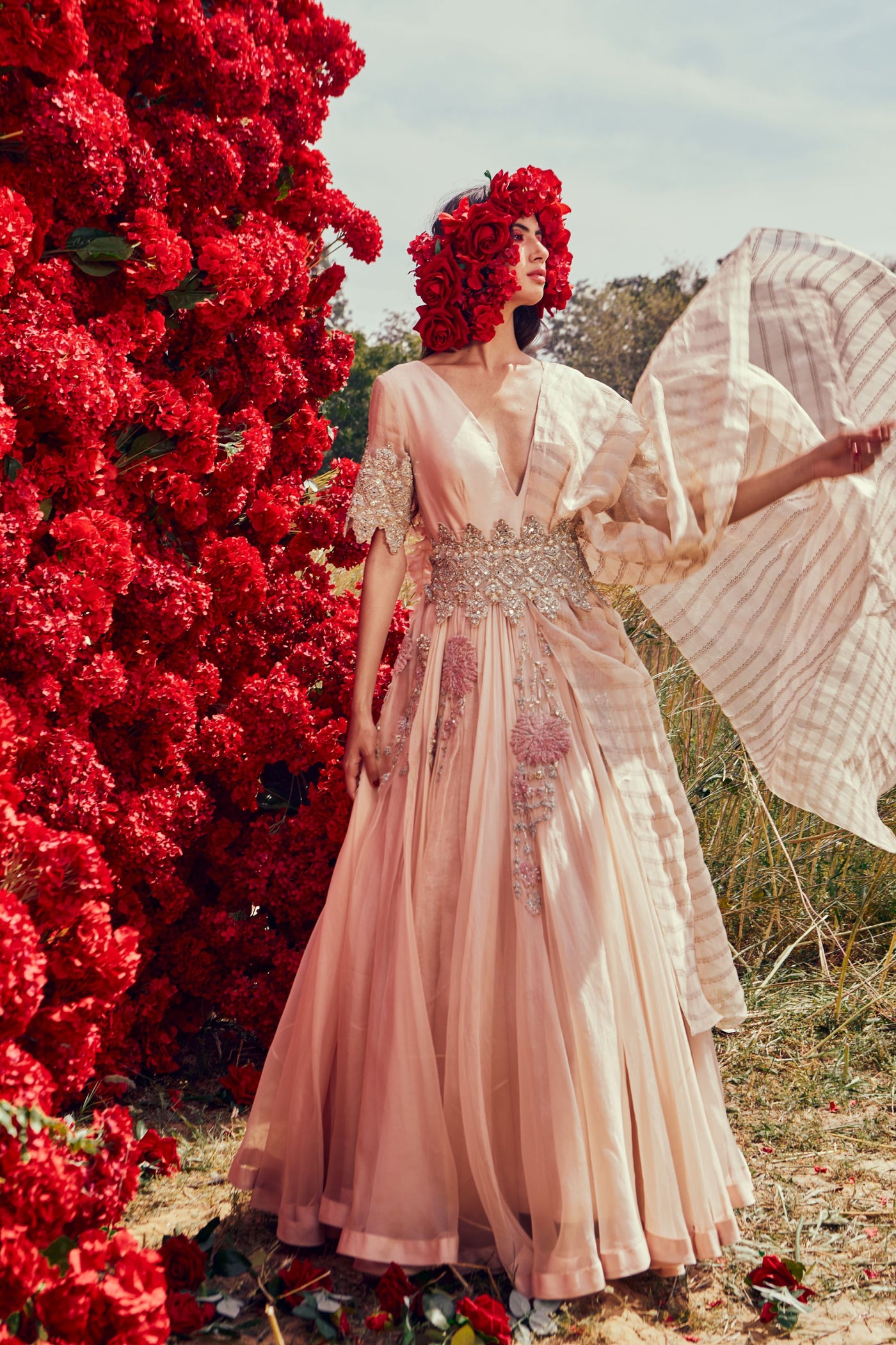 Champagne Organza Belted Anarkali Set