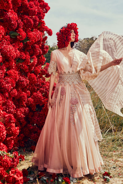 Champagne Organza Belted Anarkali Set