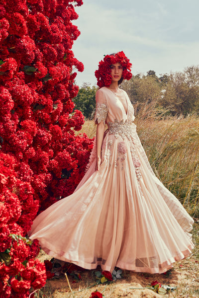 Champagne Organza Belted Anarkali Set