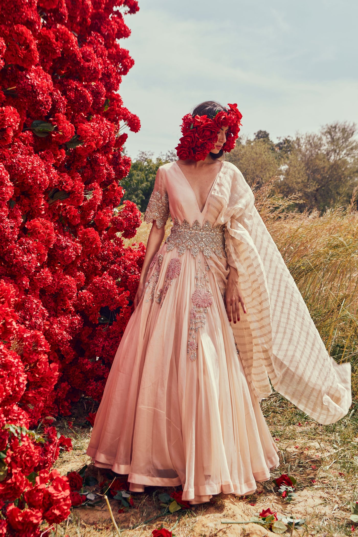 Champagne Organza Belted Anarkali Set