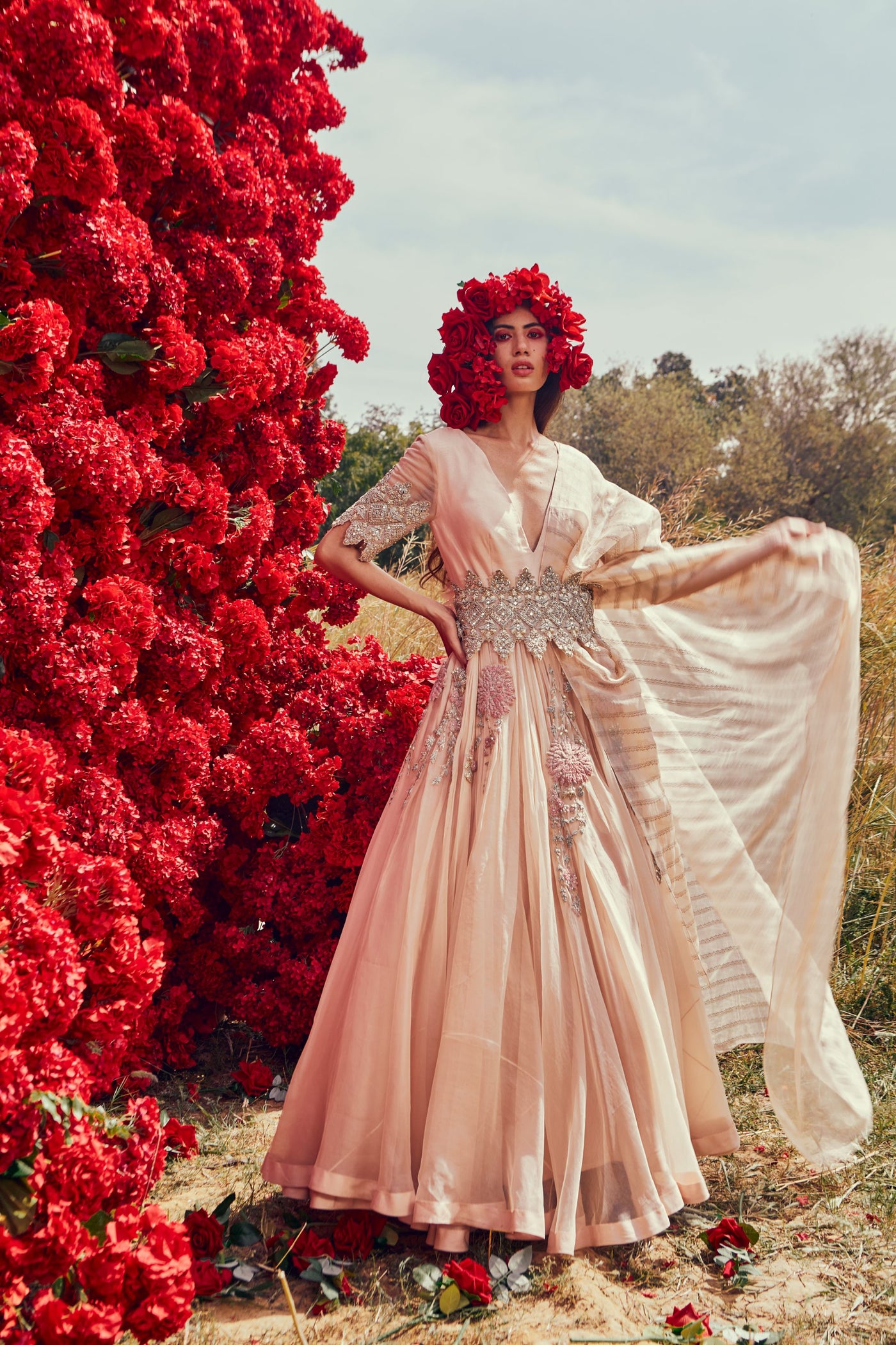 Champagne Organza Belted Anarkali Set