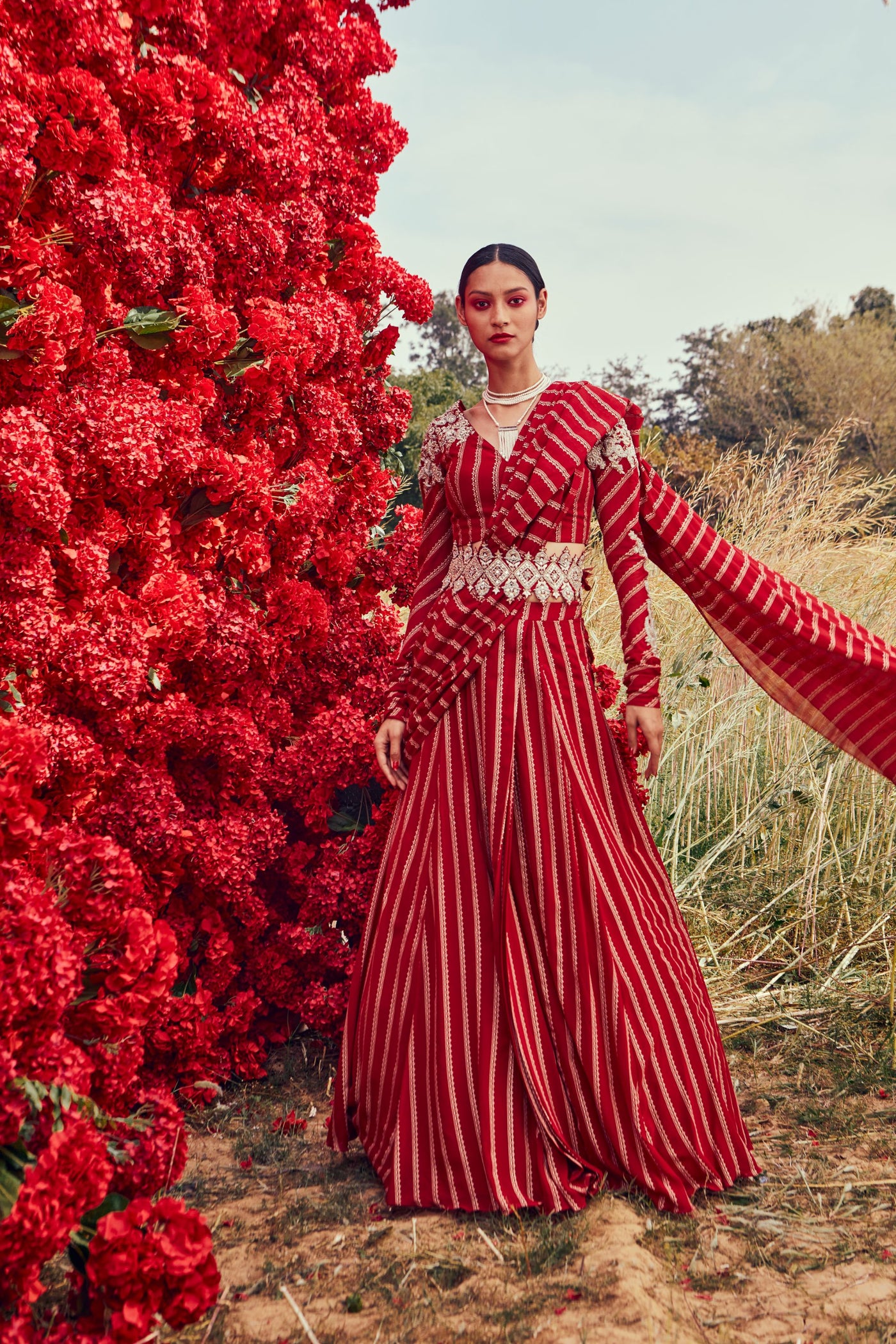 Red Nurekha Pre-stitched Pleated Saree