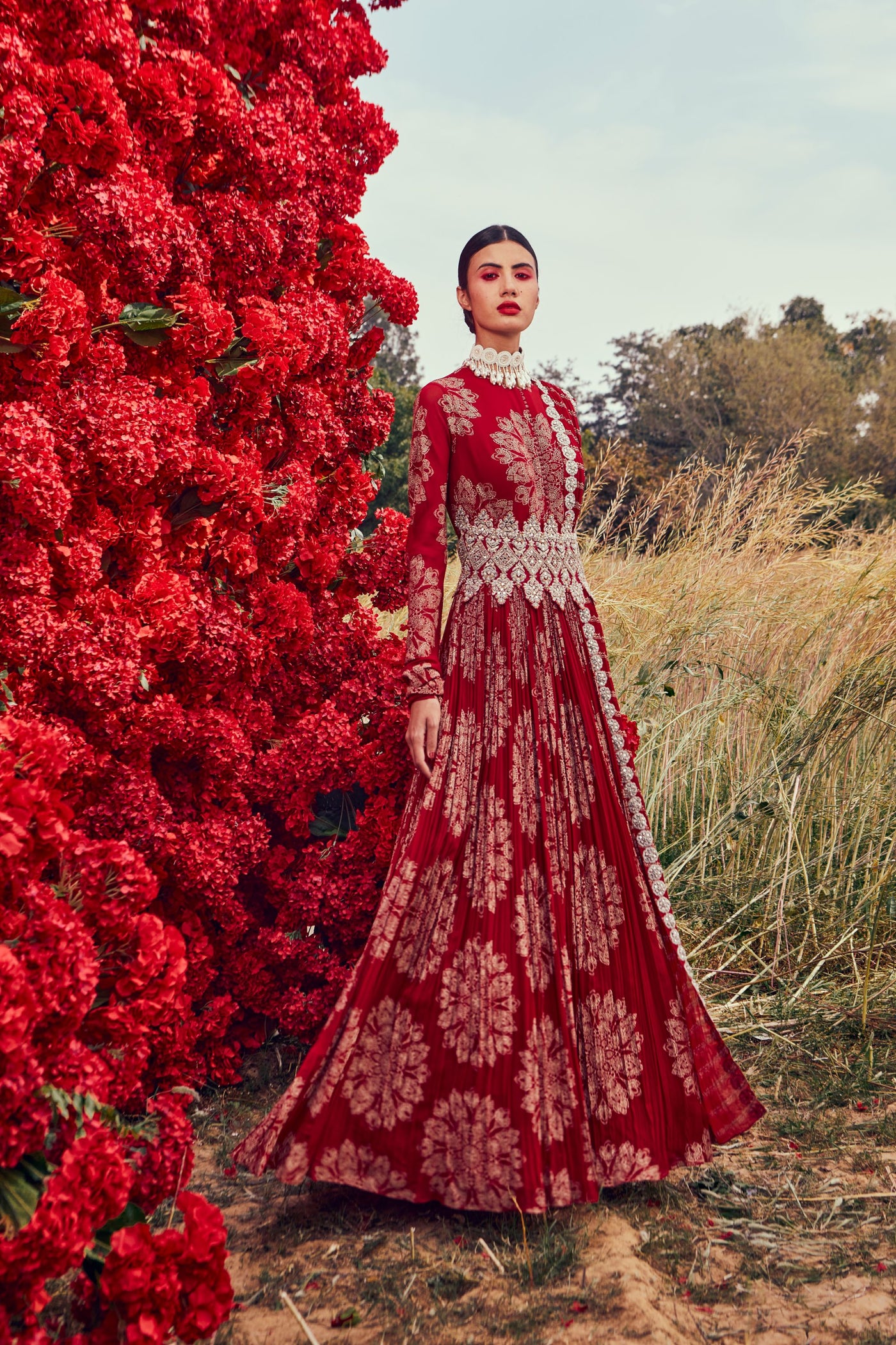 Red Tara Print Belted Anarkali