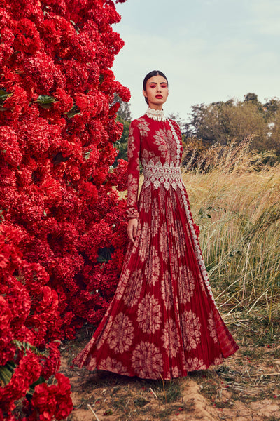 Red Tara Print Belted Anarkali