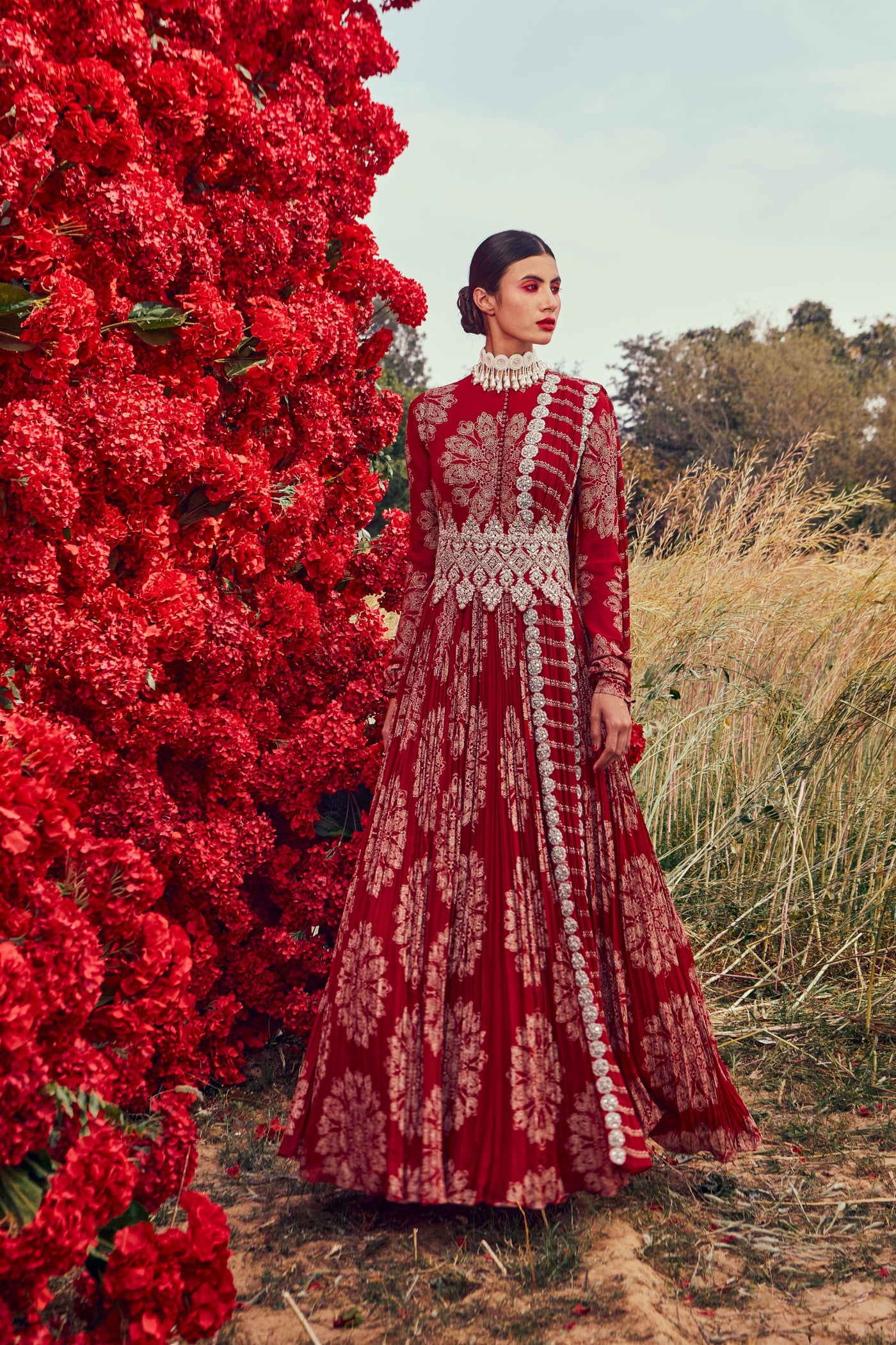 Red Tara Print Belted Anarkali