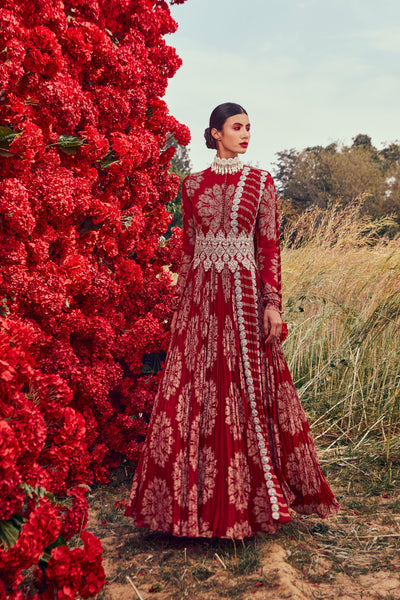 Red Tara Print Belted Anarkali