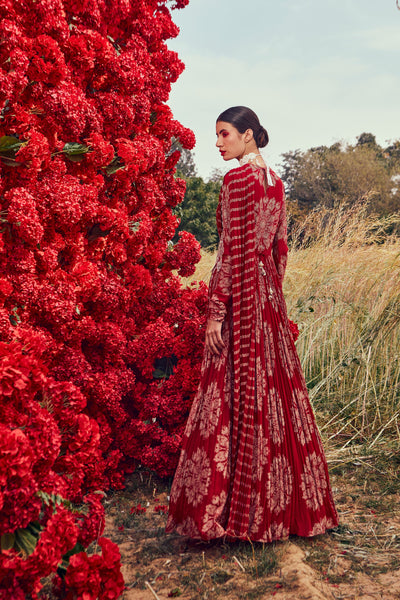 Red Tara Print Belted Anarkali