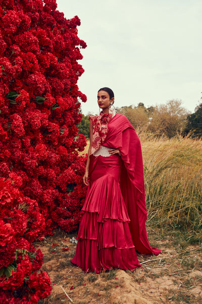 Fuchsia Belted Layered Saree