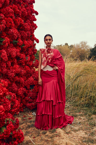 Fuchsia Belted Layered Saree