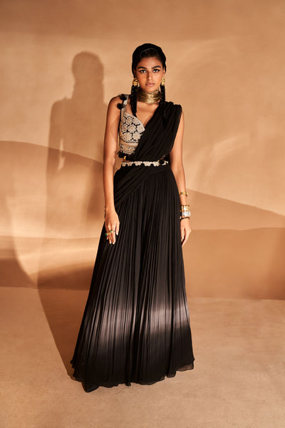 Black Floral Blouse & Palazzo Saree Set