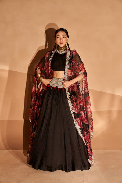 Black Embroidered Belted Lehenga & Gulbahar Cape Set