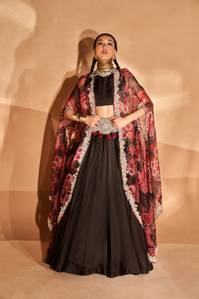 Black Embroidered Belted Lehenga & Gulbahar Cape Set