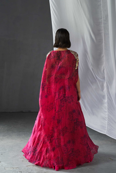 Fuchsia & Black Embroidered Blossom Cape Lehenga Set