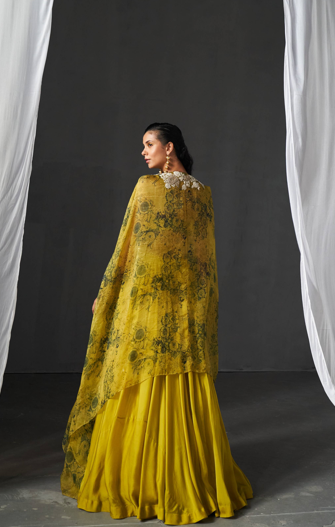 Mustard Yellow & Black Blossom Cape Lehenga Set