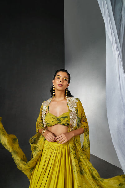 Mustard Yellow & Black Blossom Cape Lehenga Set