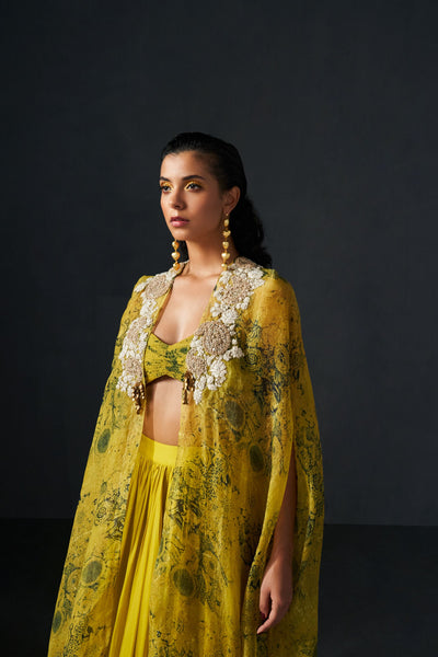 Mustard Yellow & Black Blossom Cape Lehenga Set
