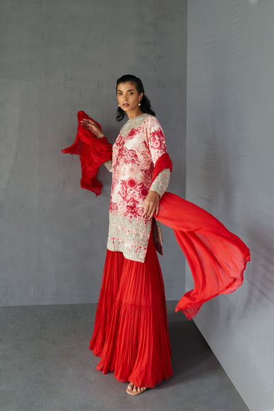 Champagne Red Blossom Kurta Sharara Set