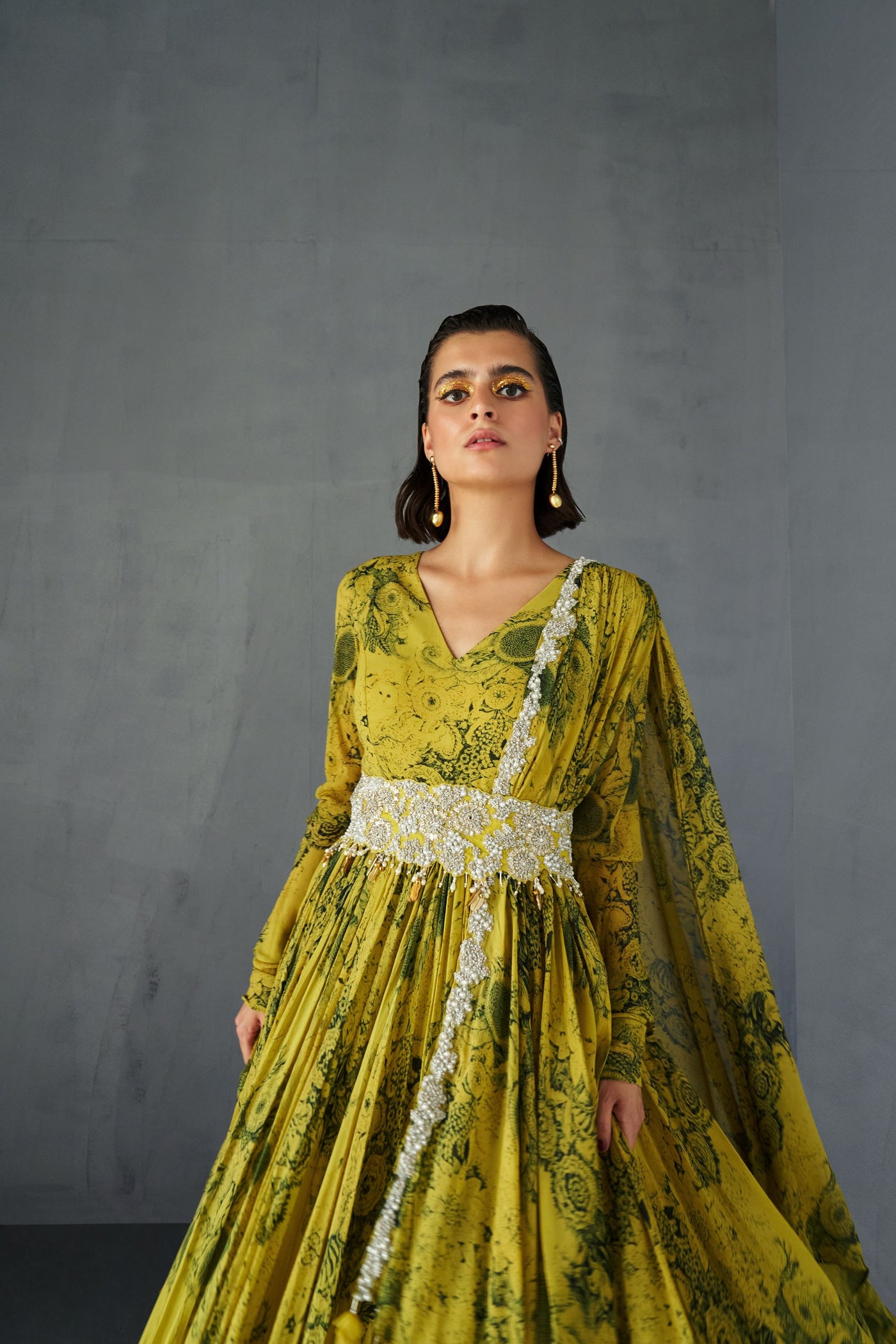 Mustard & Black V Neck Belted Anarkali
