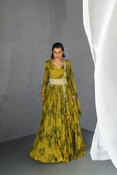Mustard & Black V Neck Belted Anarkali