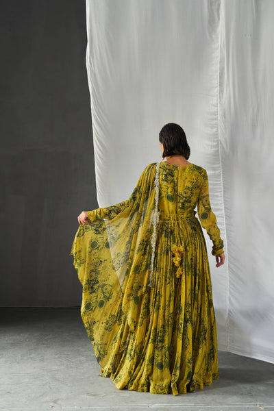 Mustard & Black V Neck Belted Anarkali