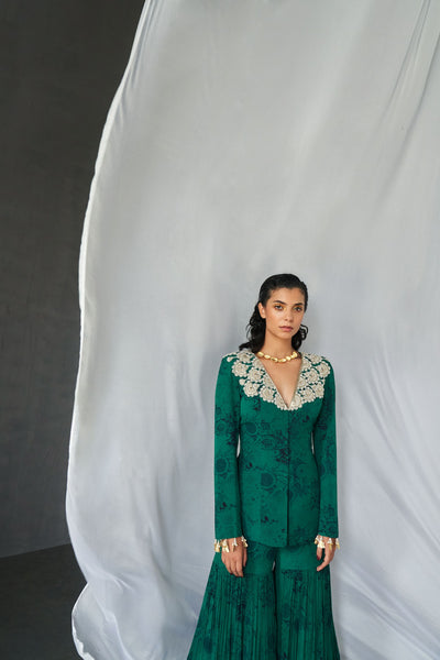 Teal & Black Blossom Jacket Sharara Set
