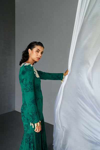 Teal & Black Blossom Jacket Sharara Set
