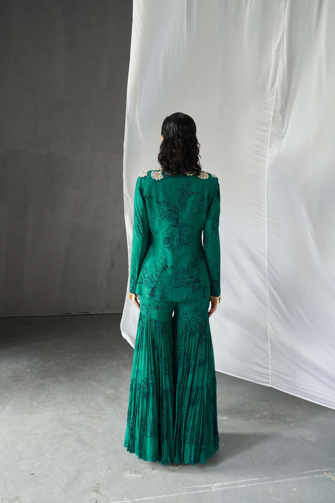 Teal & Black Blossom Jacket Sharara Set