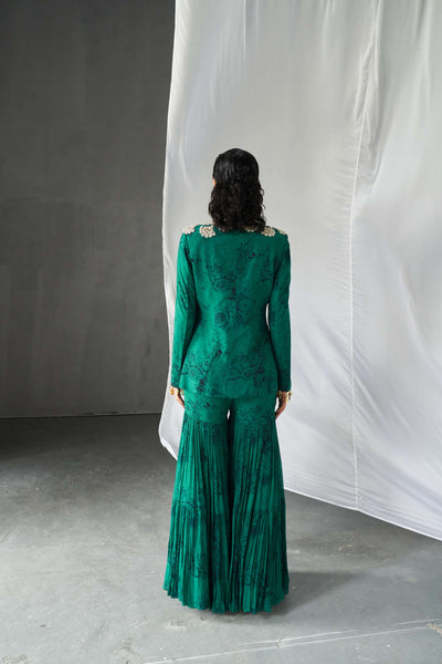 Teal & Black Blossom Jacket Sharara Set