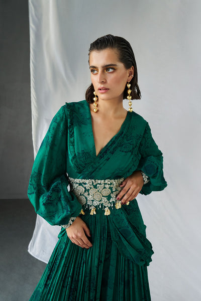 Teal Blossom Palazzo Saree