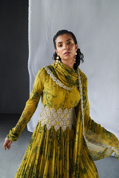 Mustard & Black Blossom Potli Button Anarkali
