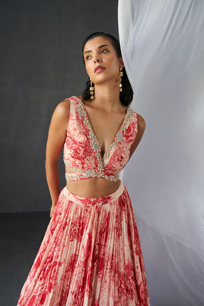 Champagne Red Blossom Print Lehenga Set