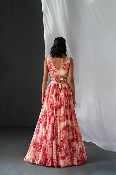 Champagne Red Blossom Print Lehenga Set