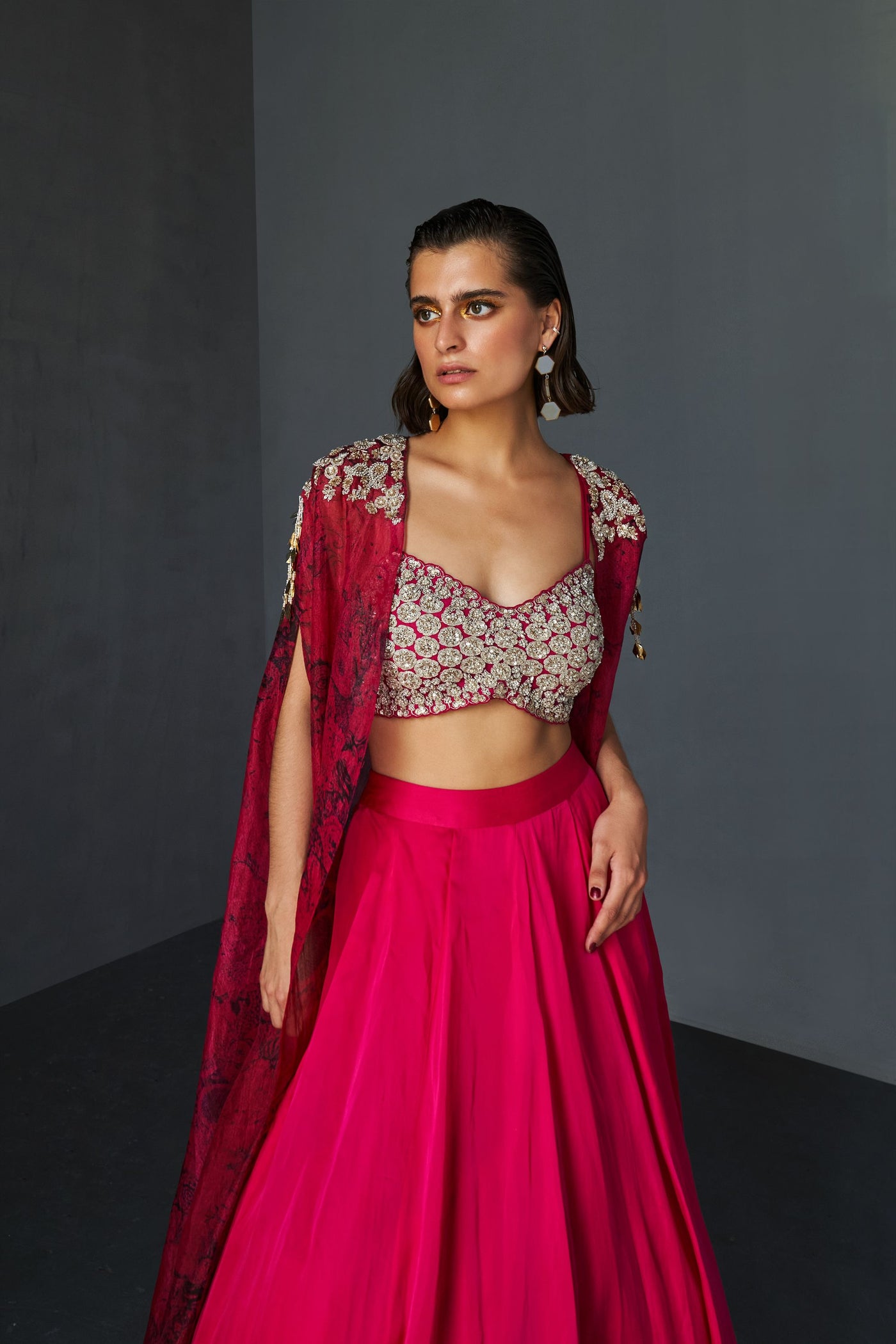 Fuchsia & Black Embroidered Blossom Cape Lehenga Set