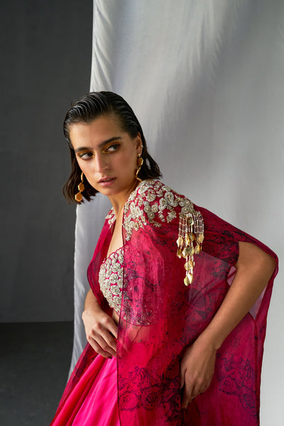 Fuchsia & Black Embroidered Blossom Cape Lehenga Set