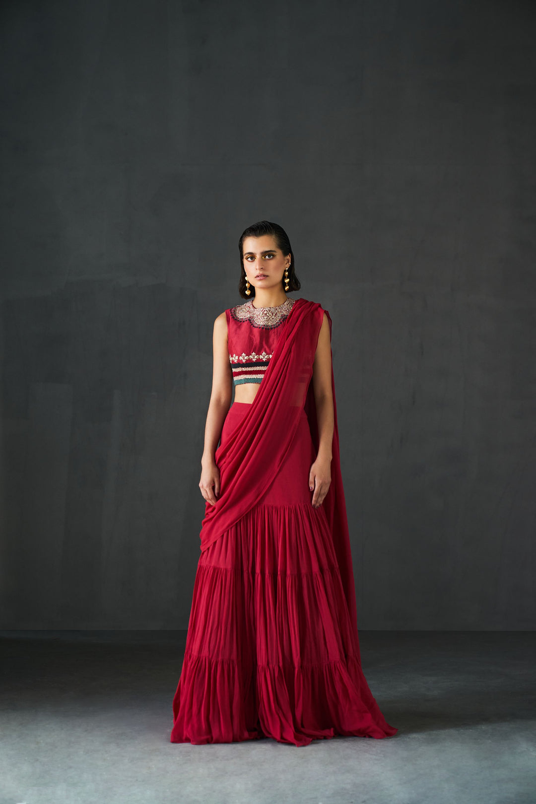 Red Layered Saree Set